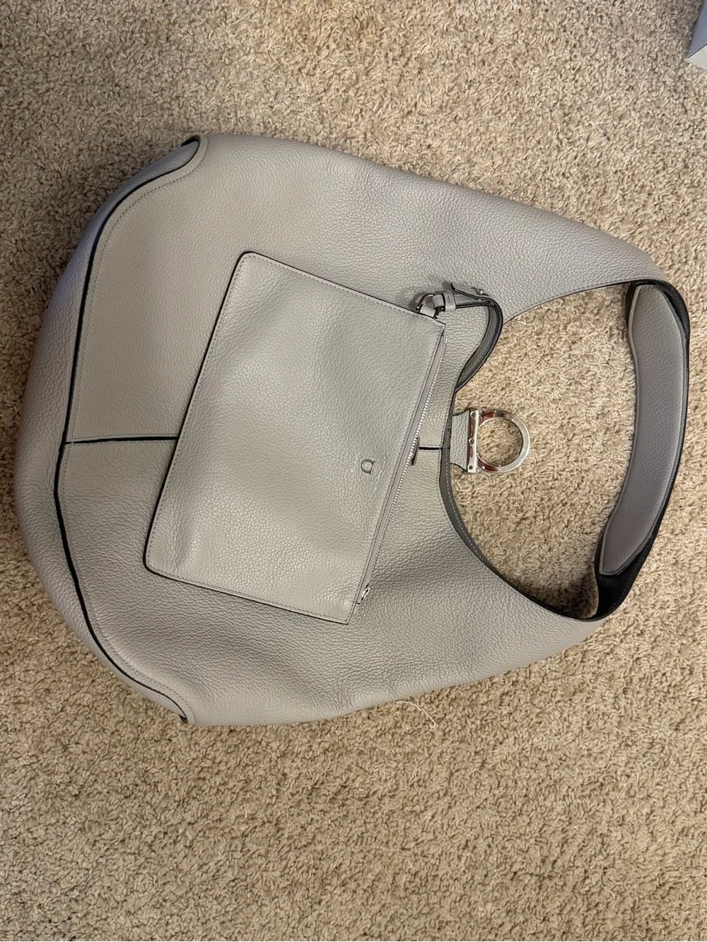 Structured Pebbled Leather Hobo Bag - Light Gray